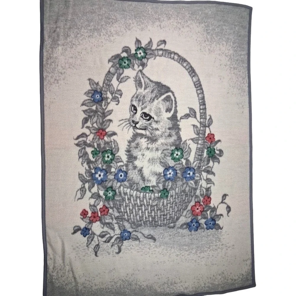 VTG Biederlack Reversible Kitten Cat Basket Flowers Floral Blanket Throw 52x74